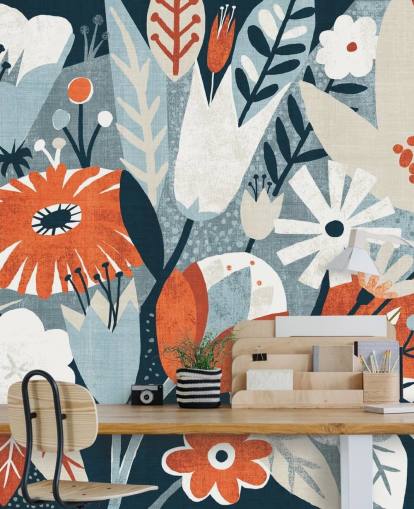 Red, Blue and White Floral Wallpaper