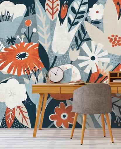 Papel pintado floral rojo, azul y blanco