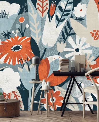 Red, Blue and White Floral Wallpaper