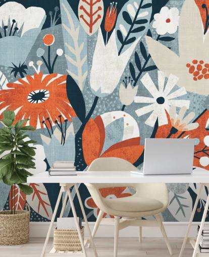 Rood, blauw en wit bloemenbehang