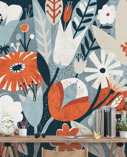 Red, Blue and White Floral Wallpaper