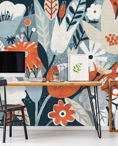 Red, Blue and White Floral Wallpaper