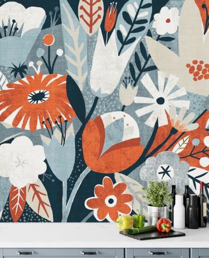 Red, Blue and White Floral Wallpaper