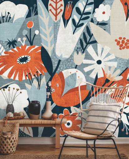 Rood, blauw en wit bloemenbehang