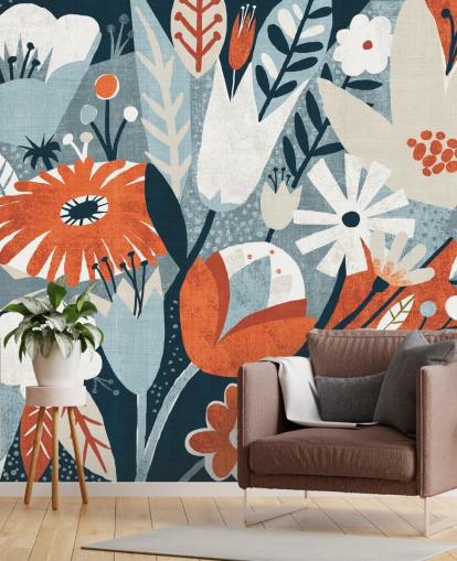 Papier Peint Floral Rouge, Bleu et Blanc