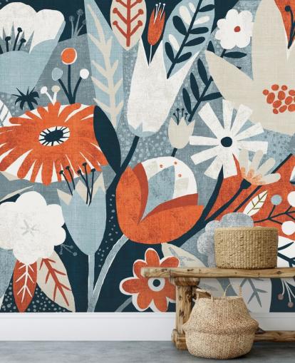 Papel de parede floral vermelho, azul e branco Papel de parede floral vermelho, azul e branco