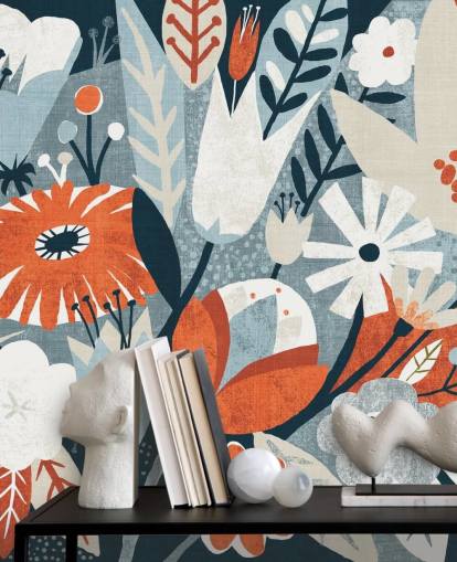 Papier Peint Floral Rouge, Bleu et Blanc