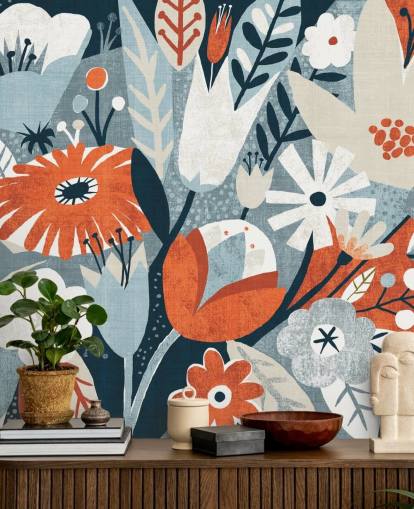 Red, Blue and White Floral Wallpaper