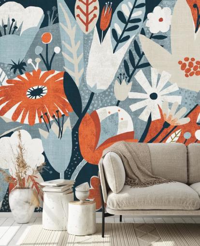 Red, Blue and White Floral Wallpaper