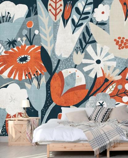 Rood, blauw en wit bloemenbehang