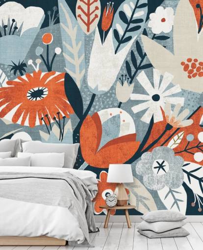 Papier Peint Floral Rouge, Bleu et Blanc