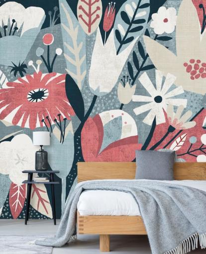 Blue, Red and White Floral Wallpaper