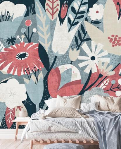 Blue, Red and White Floral Wallpaper Blue, Red and White Floral Wallpaper