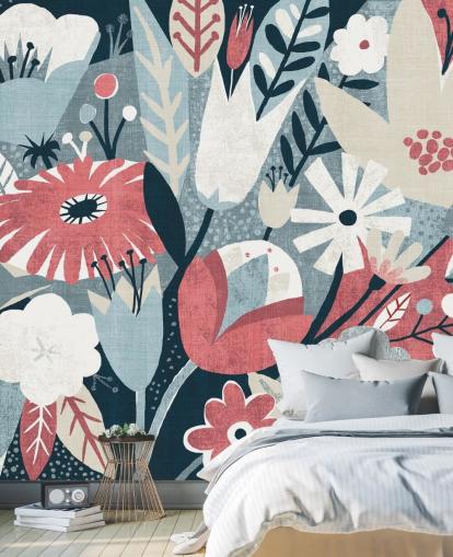 Papel de parede floral azul, vermelho e branco