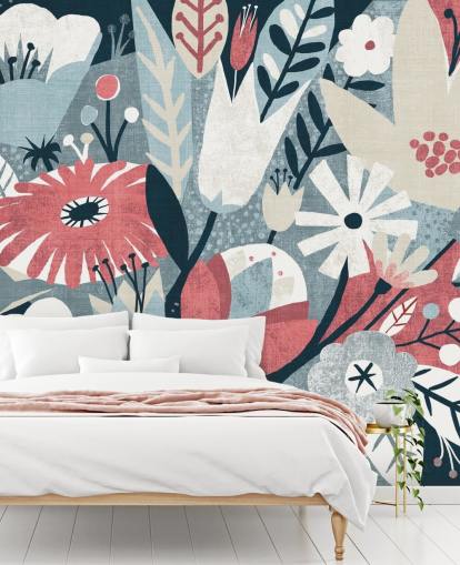 Blauw, rood en wit bloemenbehang Blauw, rood en wit bloemenbehang