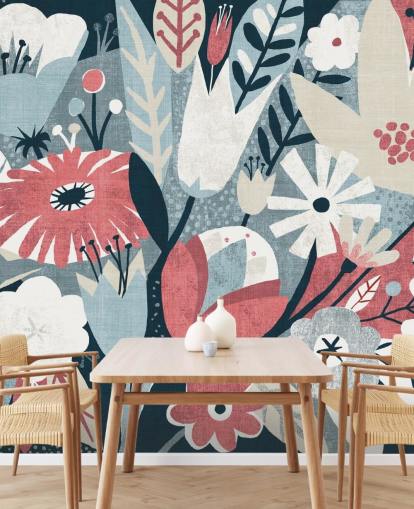 Blue, Red and White Floral Wallpaper