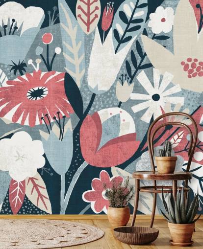 Papel de parede floral azul, vermelho e branco