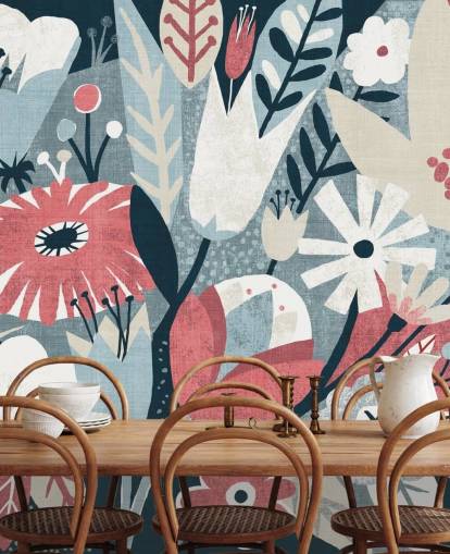 Papier Peint Floral Bleu, Rouge et Blanc Papier Peint Floral Bleu, Rouge et Blanc