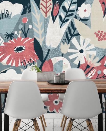 Blue, Red and White Floral Wallpaper