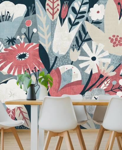 Blue, Red and White Floral Wallpaper