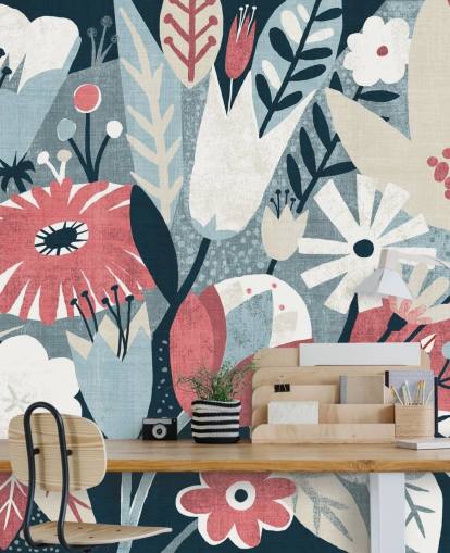 Papel de parede floral azul, vermelho e branco