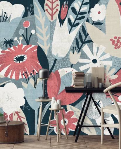 Papier Peint Floral Bleu, Rouge et Blanc