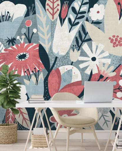 Papier Peint Floral Bleu, Rouge et Blanc