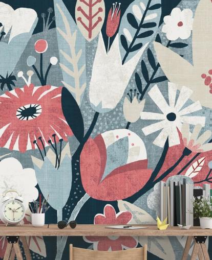 Blue, Red and White Floral Wallpaper