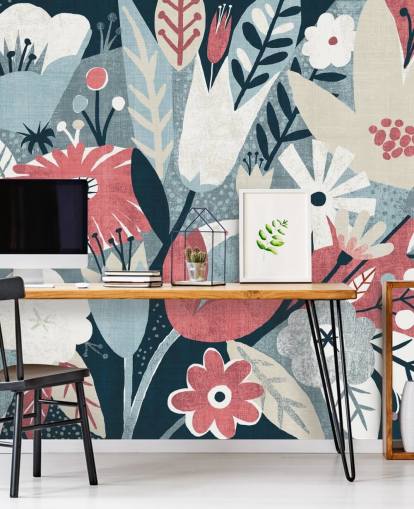 Papel de parede floral azul, vermelho e branco