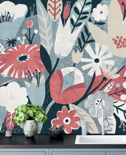 Blue, Red and White Floral Wallpaper