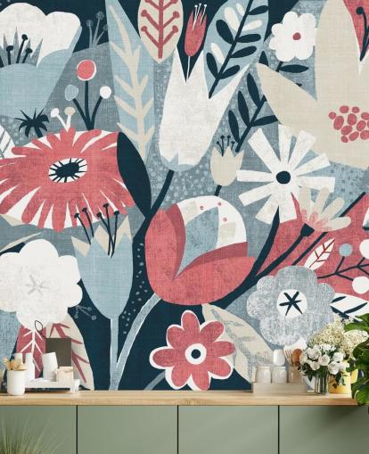 Papier Peint Floral Bleu, Rouge et Blanc