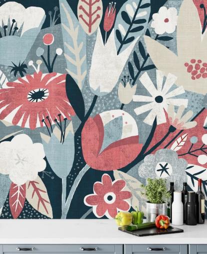 Blue, Red and White Floral Wallpaper