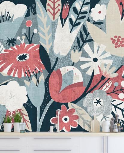 Papel pintado floral azul, rojo y blanco