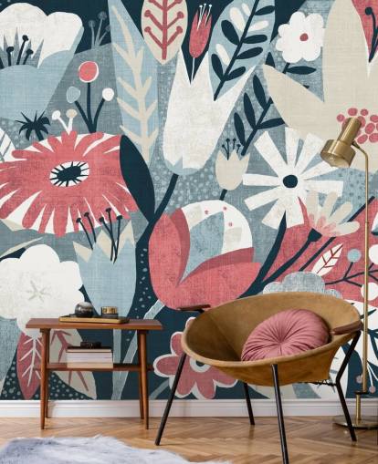 Papier Peint Floral Bleu, Rouge et Blanc