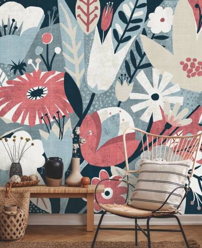 Papier Peint Floral Bleu, Rouge et Blanc Papier Peint Floral Bleu, Rouge et Blanc