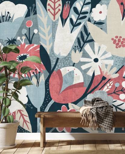 Blue, Red and White Floral Wallpaper