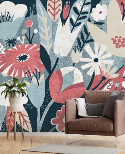 Blue, Red and White Floral Wallpaper Blue, Red and White Floral Wallpaper