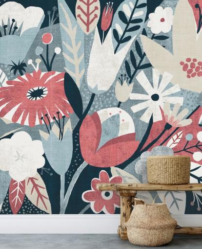 Papel de parede floral azul, vermelho e branco