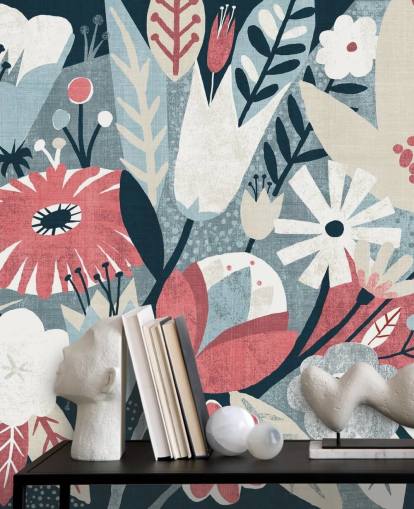 Blauw, rood en wit bloemenbehang