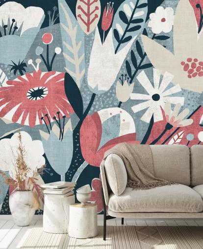 Blue, Red and White Floral Wallpaper