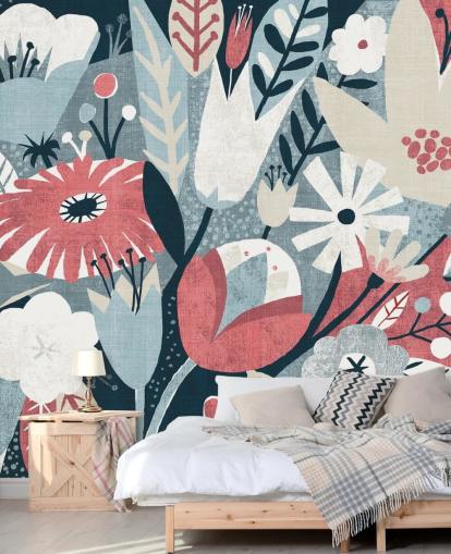 Blue, Red and White Floral Wallpaper