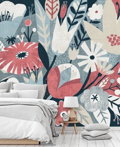 Papier Peint Floral Bleu, Rouge et Blanc Papier Peint Floral Bleu, Rouge et Blanc