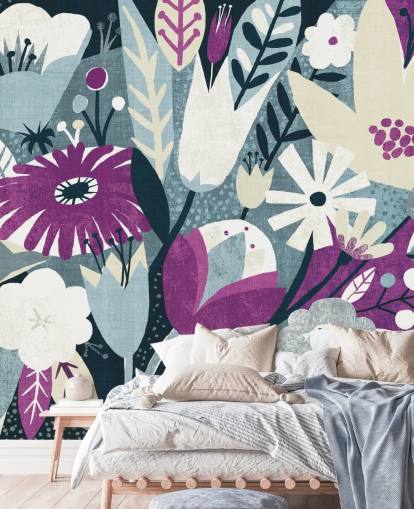 Papel de parede floral roxo, branco e azul