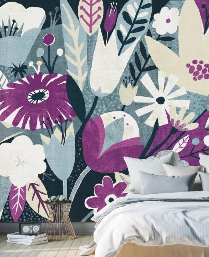 Papier Peint Floral Violet, Blanc et Bleu