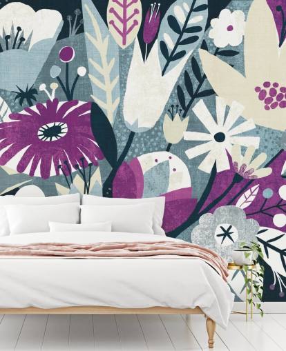 Papel de parede floral roxo, branco e azul Papel de parede floral roxo, branco e azul