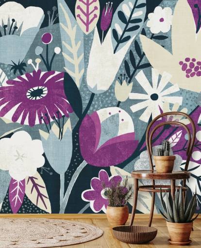 Papier Peint Floral Violet, Blanc et Bleu