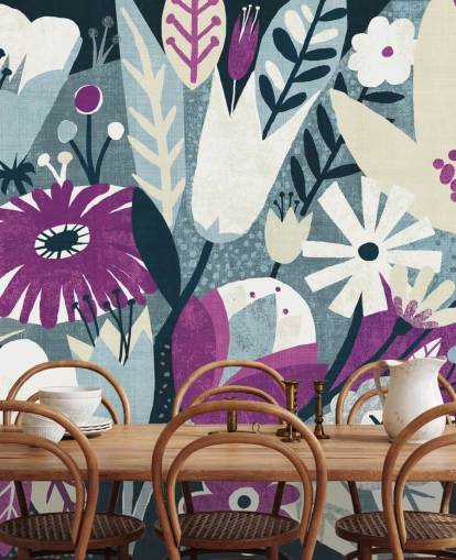 Papel de parede floral roxo, branco e azul Papel de parede floral roxo, branco e azul