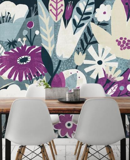 Papel de parede floral roxo, branco e azul Papel de parede floral roxo, branco e azul