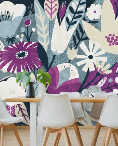 Purple, White and Blue Floral Wallpaper