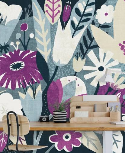 Purple, White and Blue Floral Wallpaper